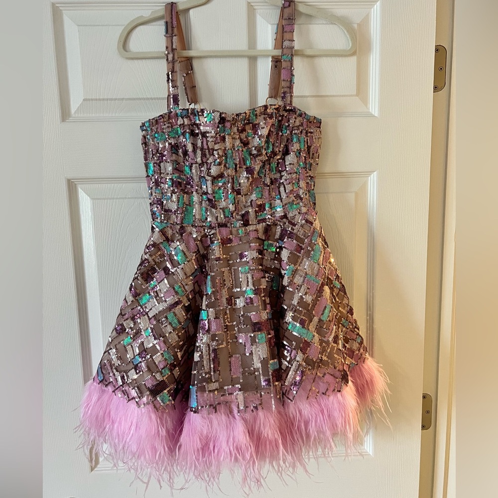 NWOT Bronx and Banco Mademoiselle Feather-Trim Sequin Bustier Mini Dress
